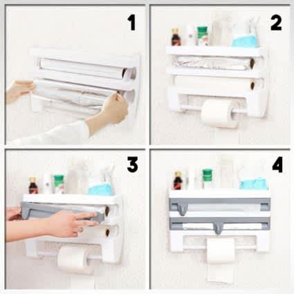 Multi-fuctional 4 In 1 Kitchen Storage Holder Rack for Paper Towel/Cling Film/Tin Foil Dispenser