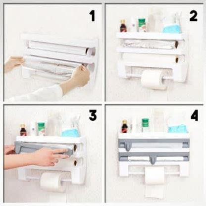 Multi-fuctional 4 In 1 Kitchen Storage Holder Rack for Paper Towel/Cling Film/Tin Foil Dispenser
