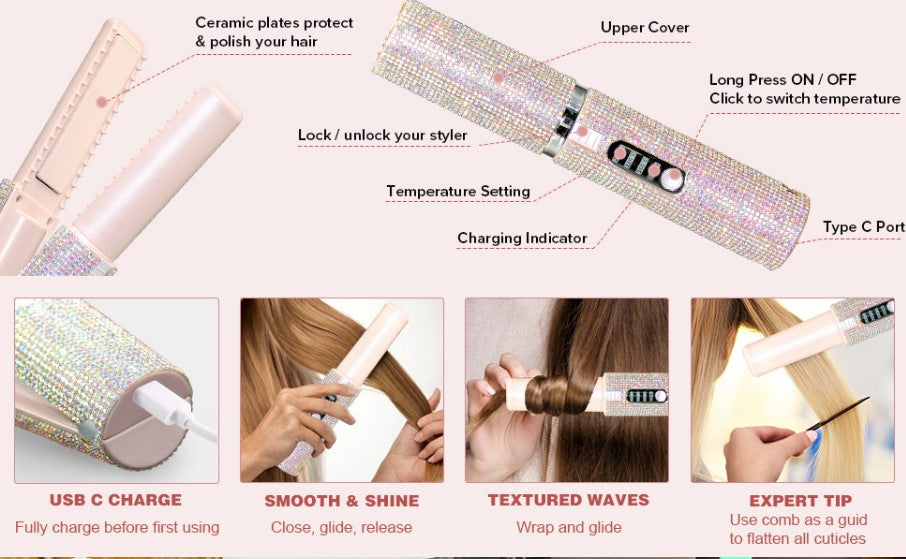 Electric USB Hair Straightening Brush Multifunctional Hair Curler Comb Styler - Pink_3